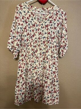 Umgee Cream Mini Dress with Red & Blue Floral Print